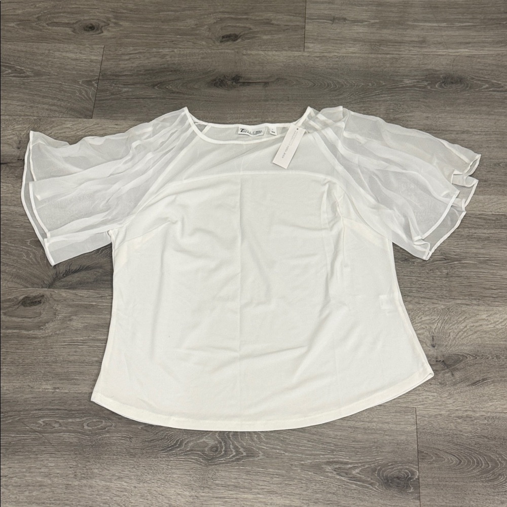 Women’s White Blouse Top Short Sheer Flare Sleeve NWT Large Office Attire Work